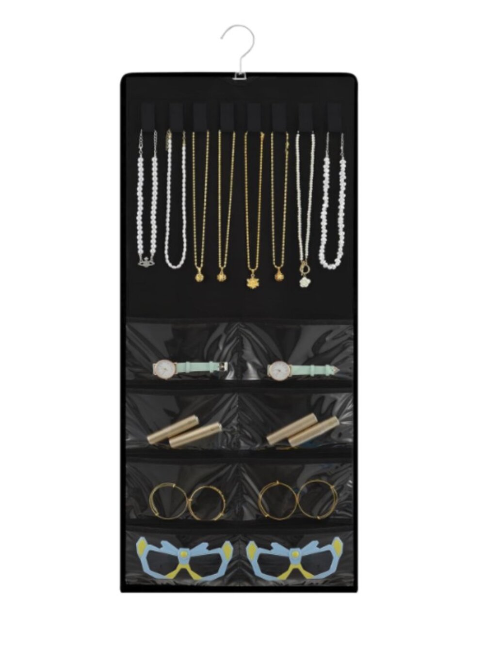 Large Hanging Jewelry Organizer 43 Multi-Size Pockets 8 Loops Double-Sided NEW - Picture 2 of 9